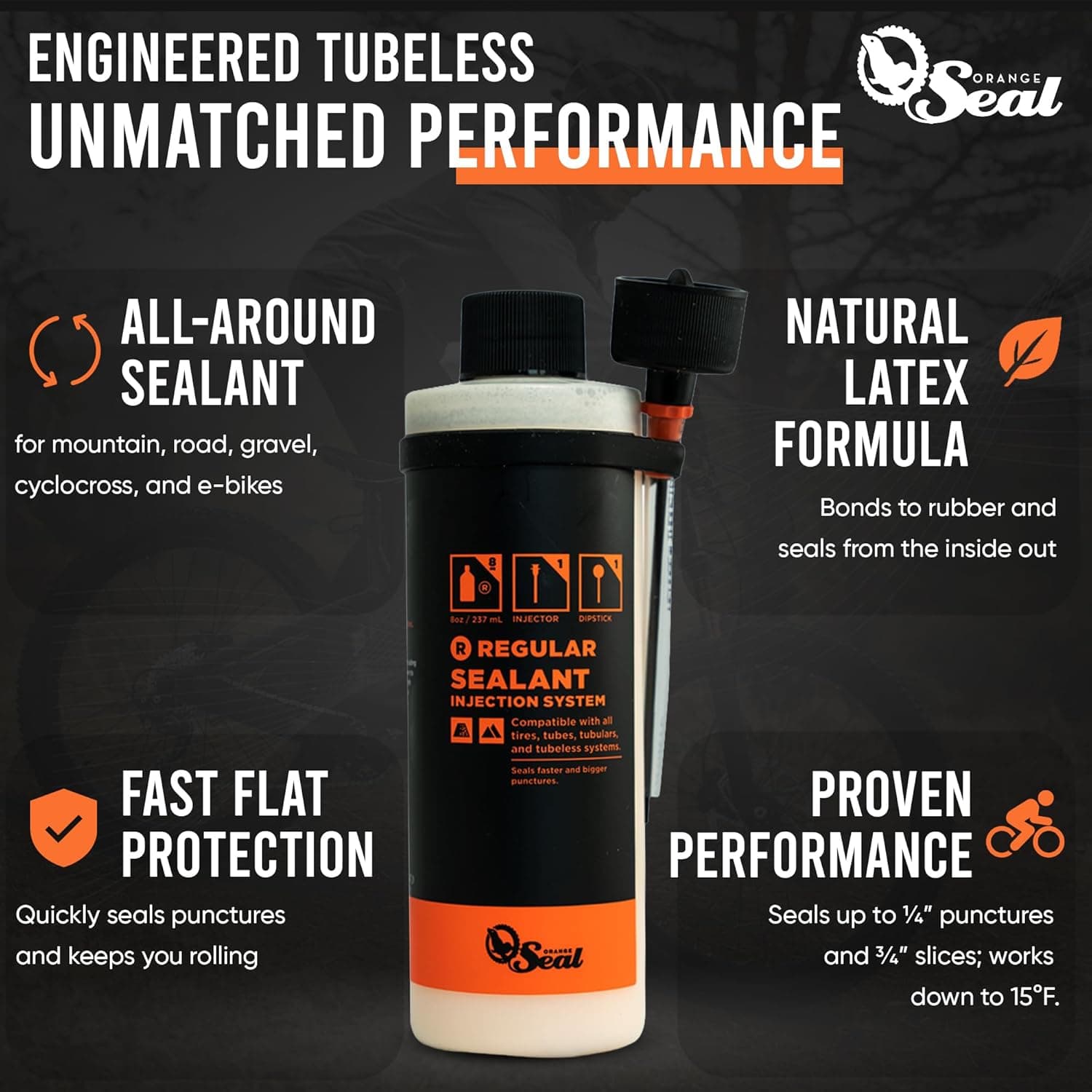 Orange Seal - Regular Formula Tubeless Bike Tire Sealant | Fast Sealing, up to 1/4" Puncture | for MTB, Road, CX and Gravel Bicycle Tires 8oz w/Injector