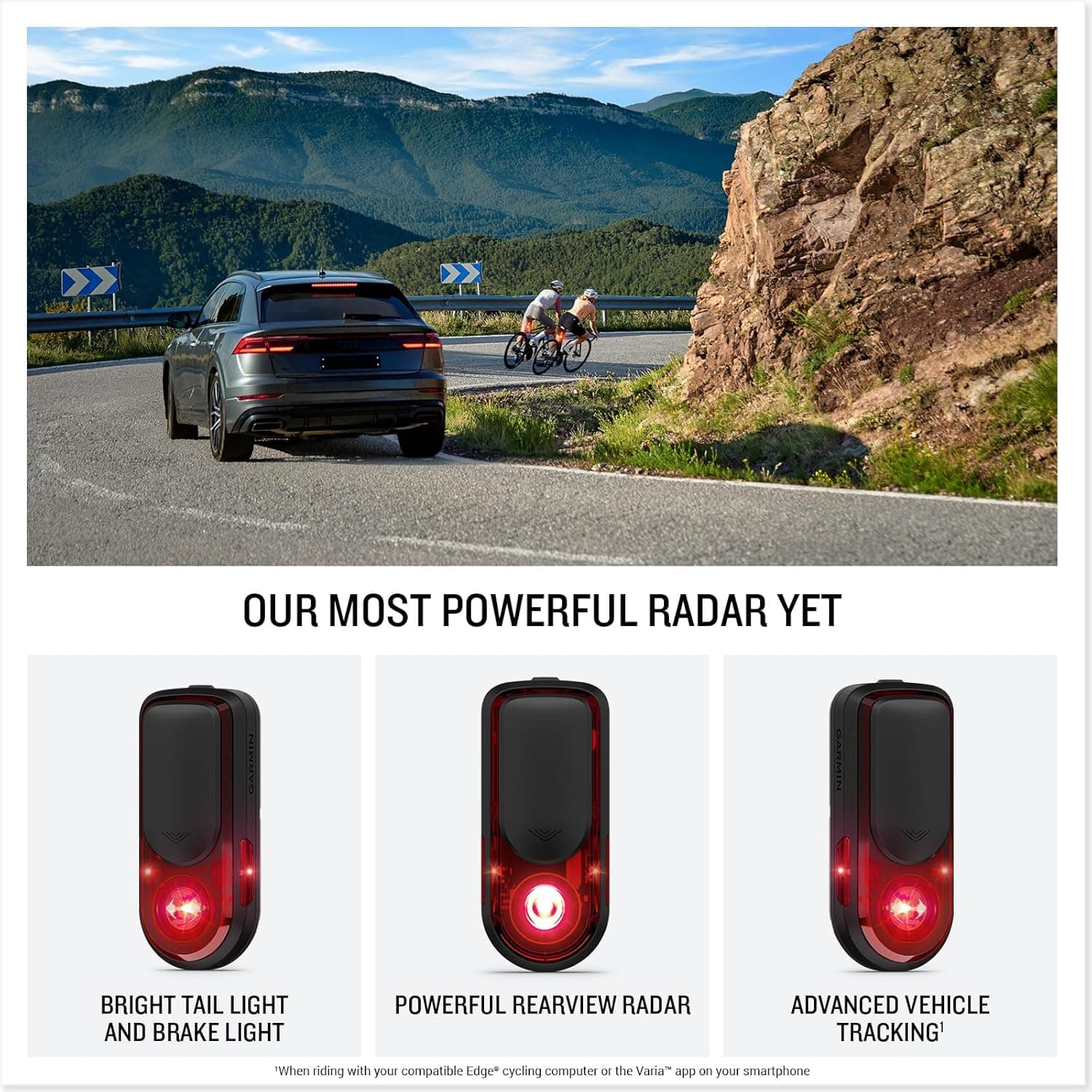 Garmin Varia™ RearVue 820, Advanced Rearview Radar & Tail Light, Enhanced Visibility & Awareness for Cyclists, Advanced Vehicle Tracking & Brake Light, Up to 24 Hrs of Battery Life in Day Flash Mode